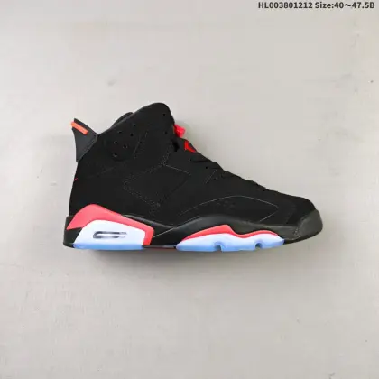 纯原版本 Air Jordan 6 Retro OG "Reverse Infrared" 高帮 复刻黑红 3M反光 AJ6 乔丹6代 aj6 乔6 高邦 反转红外线 男女同款 乔丹篮球鞋系列 采用甲壳式鞋身的设计,线条十分简洁明快,精巧的造型强化了鞋身的包裏性,鞋舌上创新性添加了的两个方洞,鞋舌上Jumpxman Logo采用红色刺绣呈现,后跟以元年红色Nike Swoosh Logo刺绣点缀,中底部分将黑、红区域反转呈现,相比于初代配色更加吸睛;更利于调整位置与方便穿脱犹如跑车后扰流板的鞋跟拉环,以及脚踝外侧的醒目凸起,营造出前卫时尚的视觉冲击.鞋身下部则依旧延续了性能不俗的分离式Air Solex气垫与水晶半透明橡胶大底,材质以黑色牛巴戈材质鞋面搭配3M反光细节,辅以冰蓝色水晶底收尾;中底红色也相较于上次的粉红更容易让人接受,视觉表现更富张力. 货号:CT8529-001(2026版) HL003801212 B